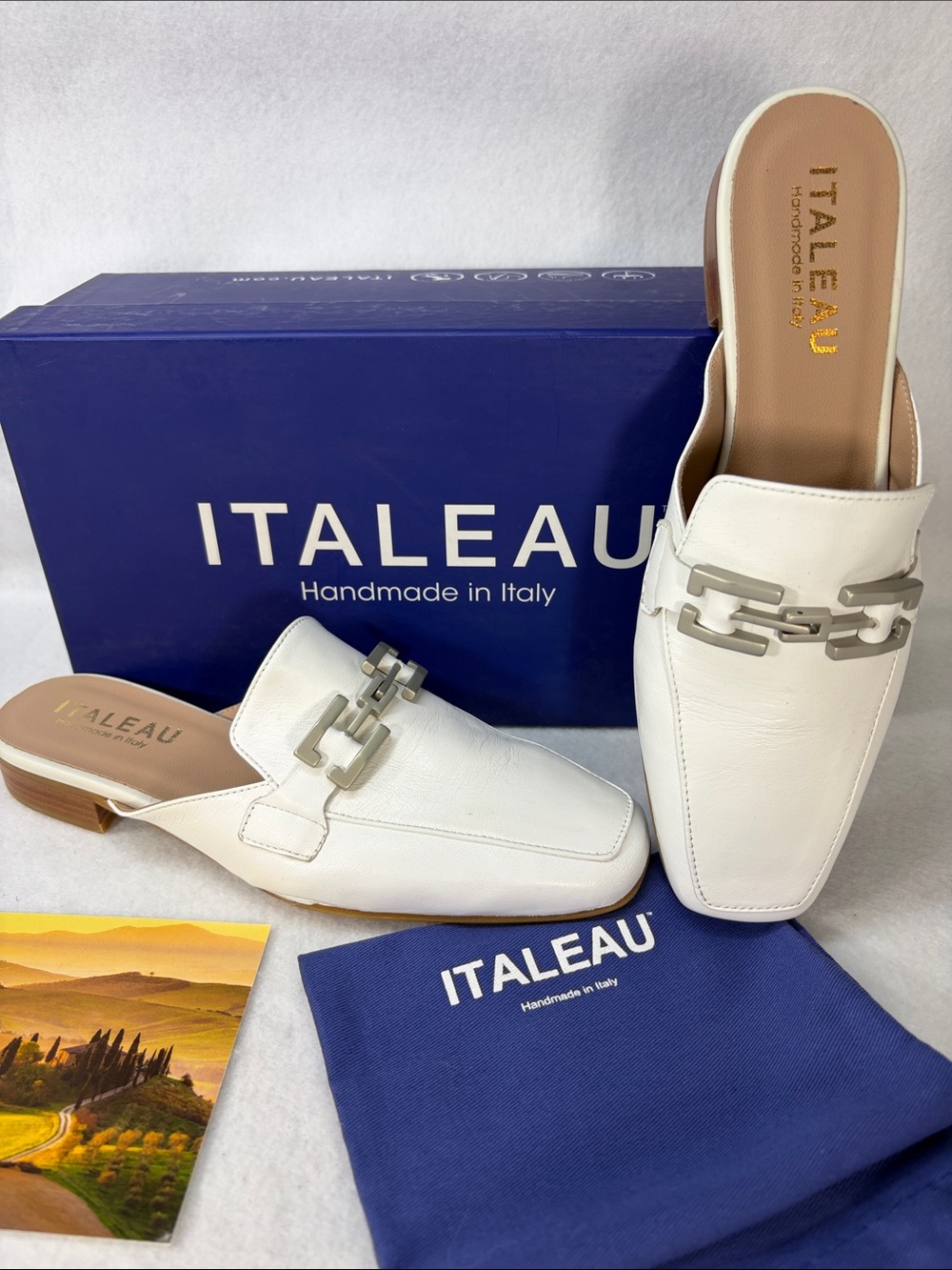 ITALEAU White Italeau Cecile Nappa Bianco Leather Mule 7.5/37.5 Silver Hardware